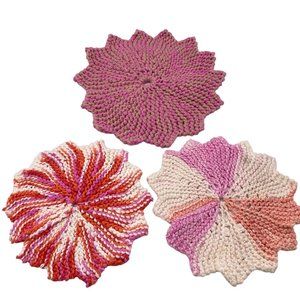 Hand Crochet pot holders trivets pink white thick Kitsch vintage‎ kitchen